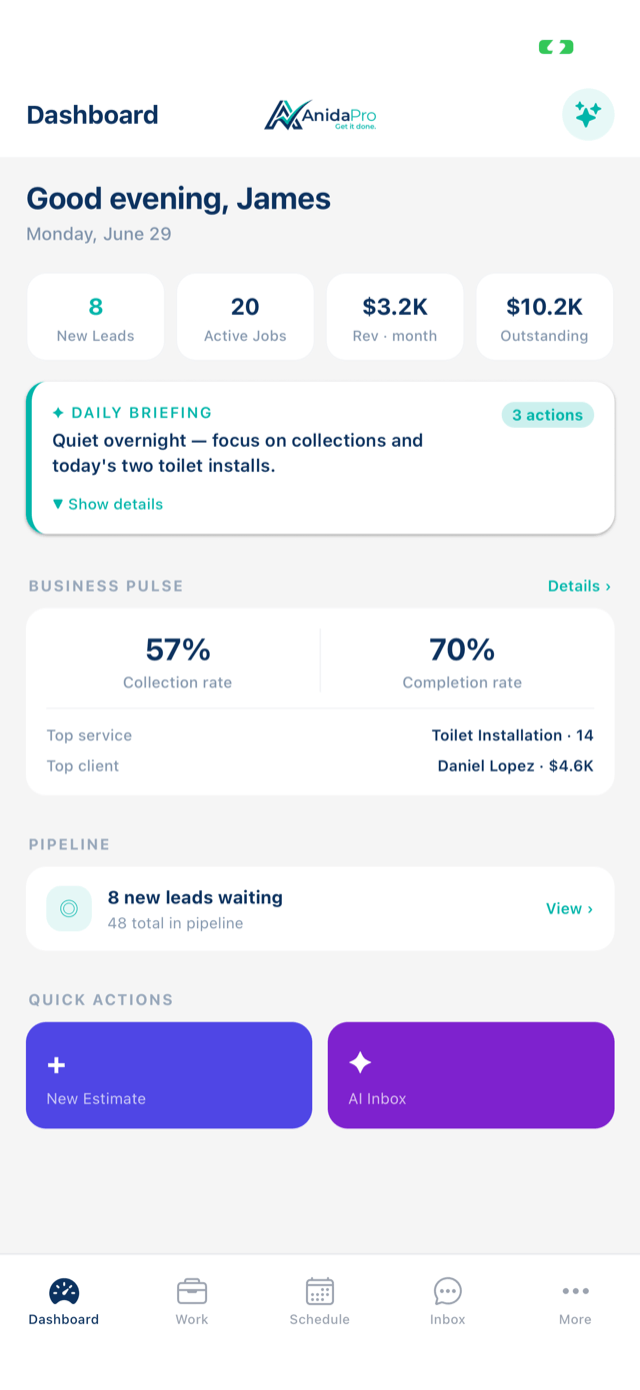 AnidaPro mobile app dashboard