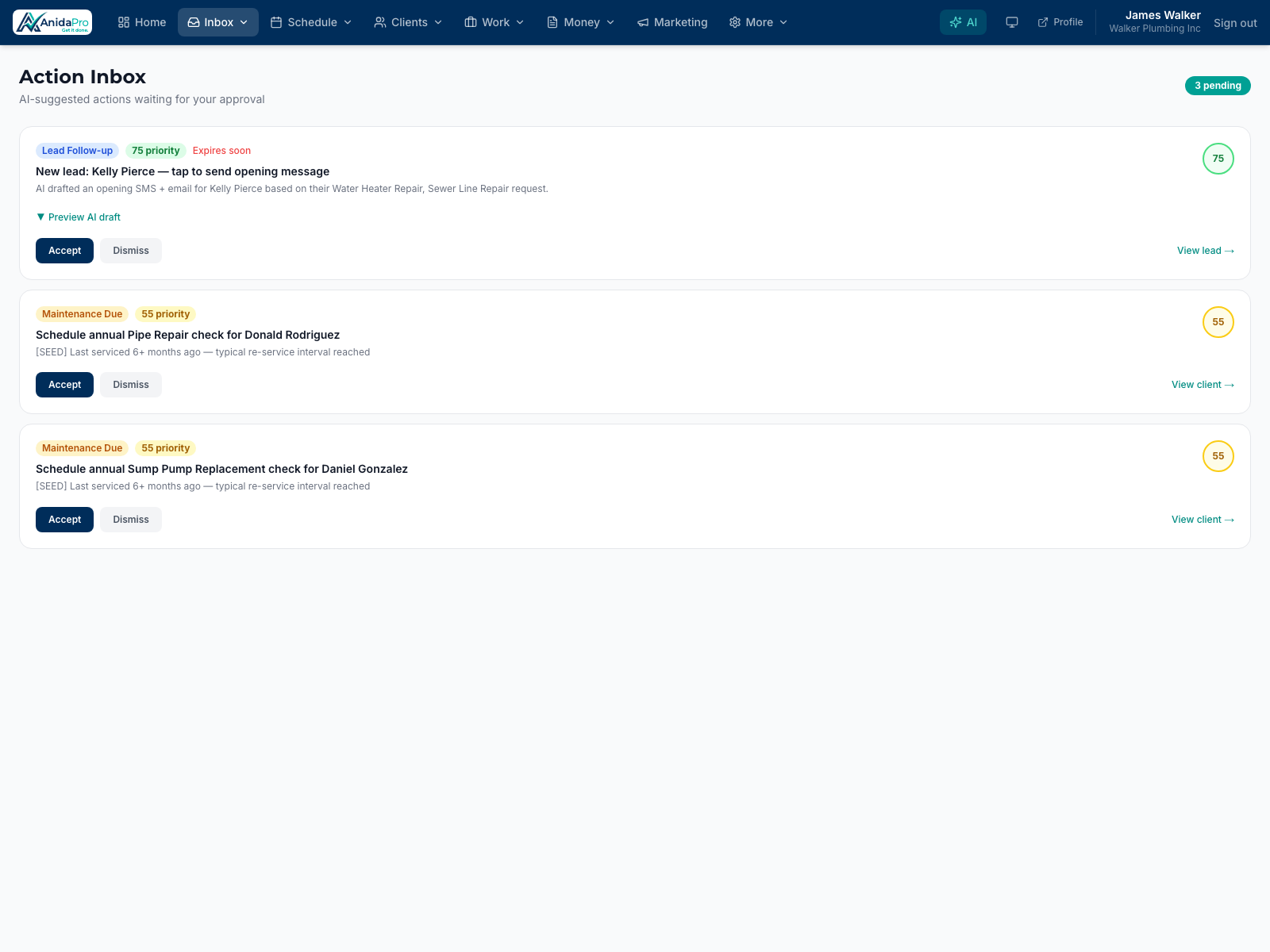 AnidaPro AI tools — drafted estimates, action inbox and daily briefing